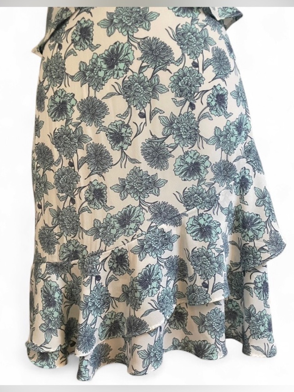 GB Gianni Bini Floral Ruffle V-Neck Peplum Mini Dress Size L Green White - Picture 3 of 9